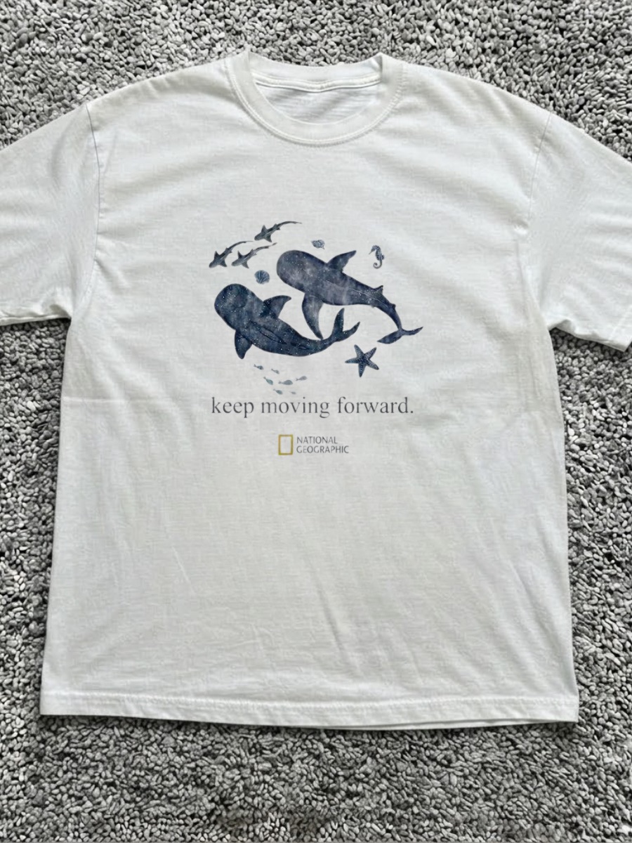 Vintage White Tshirt With Navy Whale Graphic